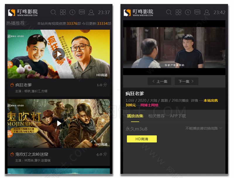 苹果cms 叮咚影院 影院影视网模板 PC手机 会员试看